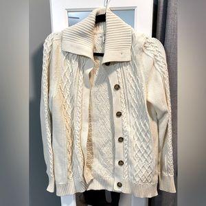 LLBean Off-White Button Down Cardigan Cable Knit Fisherman Style Sweater Sz Med